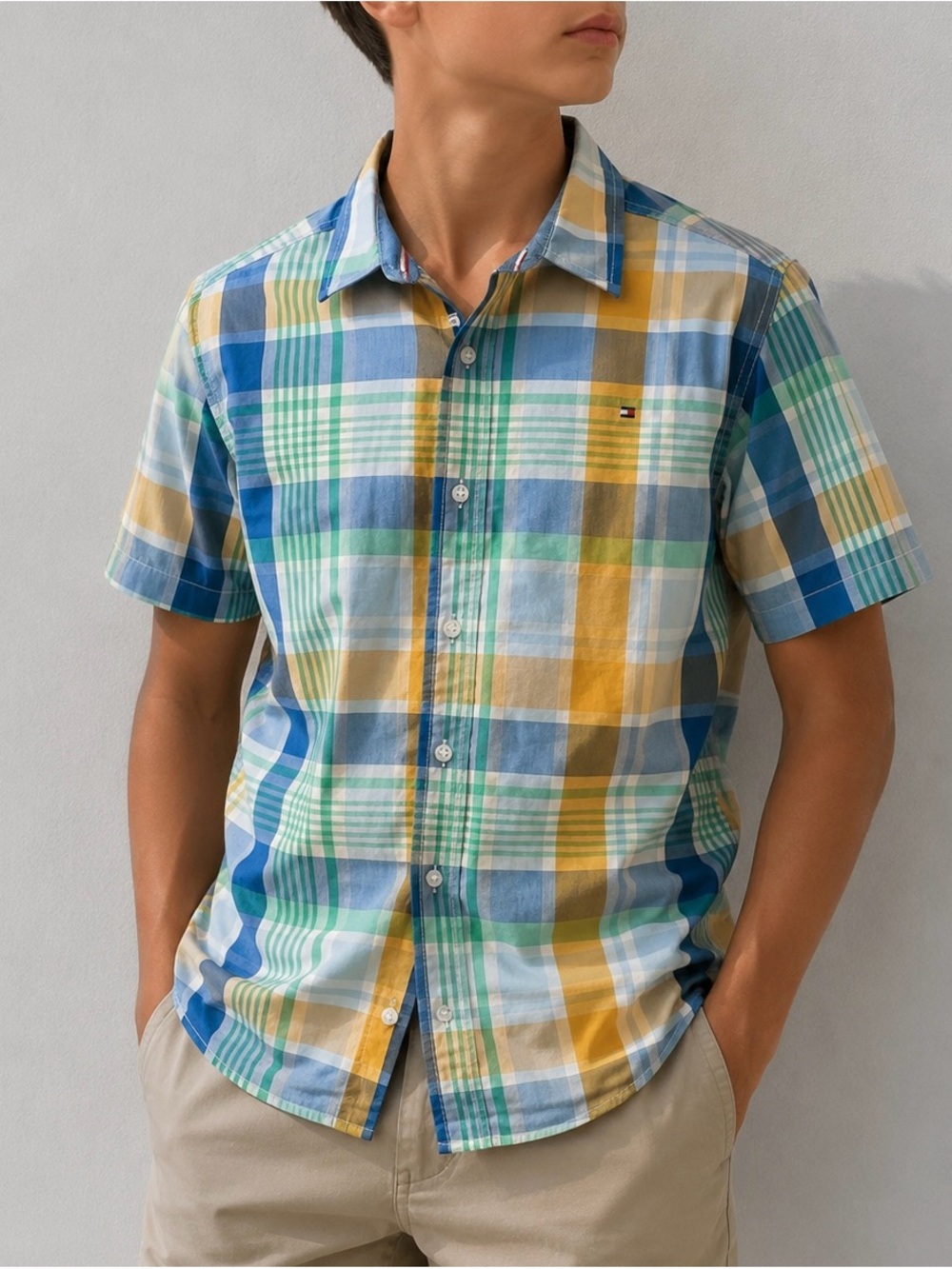 Tommy Hilfiger Men's Short-Sleeve Plaid Button-Down Shirt - Blue, Yellow, Green